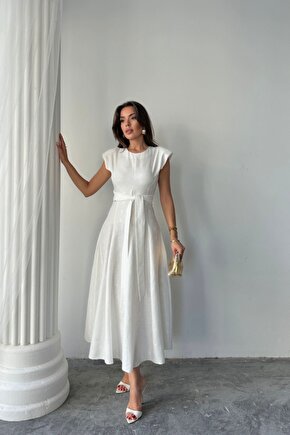 Moda Shop & Butik Jakar Keten Vatkalı Elbise - Beyaz
