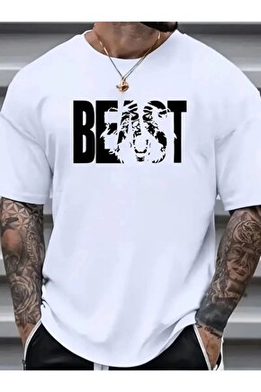 Baskılı Oversize Bisiklet Yaka T-shirt - Beyaz