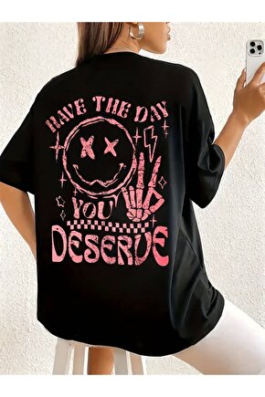 Baskılı Oversize Bisiklet Yaka T-shirt - Siyah