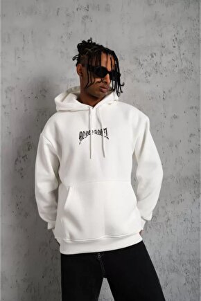 Moda Shop & Butik Erkek Kordon Ipli Baskılı Kapüşonlu Sweatshirt - Beyaz