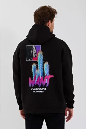 Moda Shop & Butik Erkek Baskılı Üç Iplik Kapüşonlu Oversize Sweatshirt - Siyah