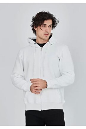 Unisex Tam Fermuarlı Kapşonlu Sweatshirt - Beyaz