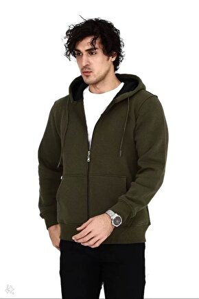 Unisex Tam Fermuarlı Kapşonlu Sweatshirt - Haki