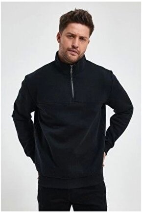 Oversize Yarım Farmuarlı Yakalı Basic SweatShirt - Siyah