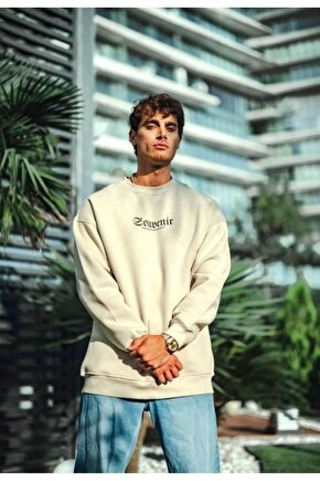 Oversize Bisiklet Yaka Baskılı SweatShirt - Beyaz