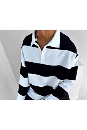 Unisex Üç İplik Parçalı Yakalı SweatShirt - Siyah