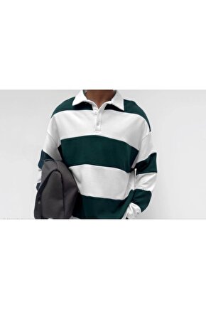 Unisex Üç İplik Parçalı Yakalı SweatShirt - Yeşil