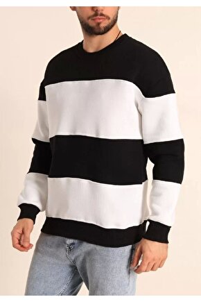 Parçalı Bisiklet Yaka Baskılı Sweatshirt - Siyah