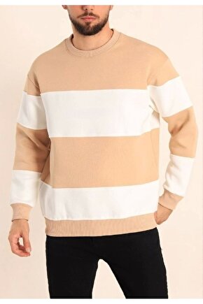 Parçalı Bisiklet Yaka Baskılı SweatShirt - Bej