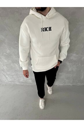 Gelirr Uzun Kol Kapşonlu Göğüs Baskılı Sweatshirt - Beyaz