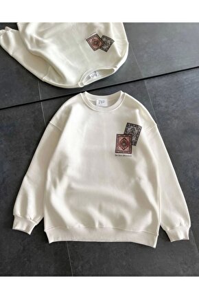 Ahes Shopping Bisiklet Yaka Baskılı Sweatshirt - Beyaz