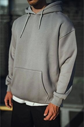 Uzun Kol Kapşonlu Göğüs Baskılı SweatShirt - Gri