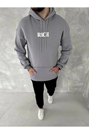 Uzun Kol Kapşonlu Göğüs Baskılı SweatShirt - Gri