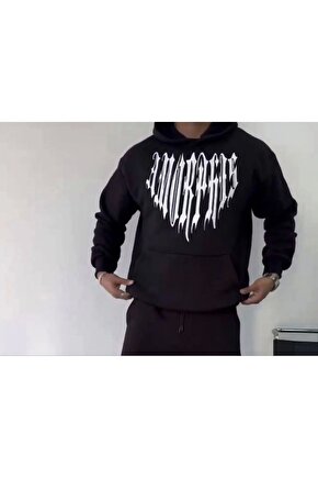 Myterrax Uzun Kol Kapşonlu Baskılı Sweatshirt - Siyah