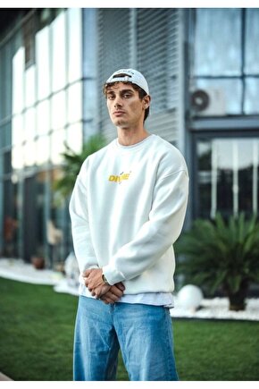 Kışlık Bisiklet Yaka Baskılı SweatShirt - Beyaz