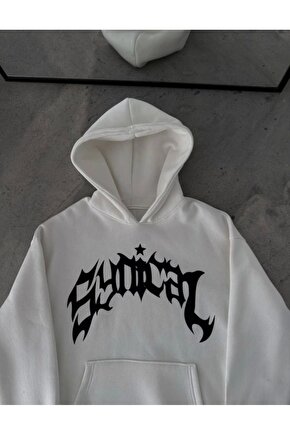 Mottisfashion Kışlık Kapşonlu Baskılı Oversize Sweatshirt- Beyaz