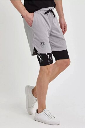 Unisex Baskılı Iç Cepli Sporcu Alt Taytlı Şort - Gri