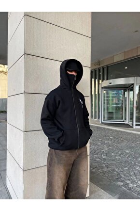 Samuray Kapşonlu ZIP Fermuarlı Kapşonlu SweatShirt - Siyah
