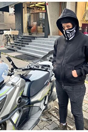 Samuray Kapşonlu ZIP Fermuarlı Çift Kapşonlu Nakışlı SweatShirt- Siyah
