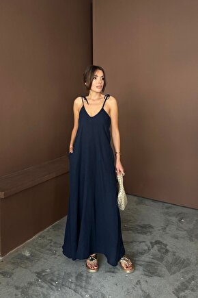 Moda Shop & Butik Askılı Uzun Salaş Müslin Elbise - Lacivert