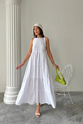 Moda Shop & Butik Kolsuz Uzun Flam Keten Elbise - Beyaz