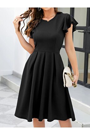 Moda Shop & Butik Kadın Kelebek Kollu Bisiklet Yakalı Pileli Ithal Krep Elbise