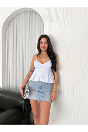 Moda Shop & Butik Askılı Dekolte Deraylı Crop - Açık Mavi