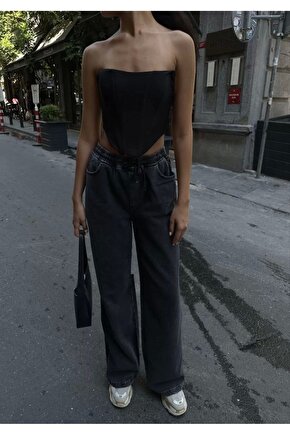 Kadın Arkadan Yırtmaçlı Jeans Kot Palazzo Pantolon - Siyah