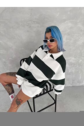 Unisex Üç İplik Parçalı Yakalı SweatShirt - Siyah