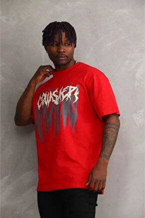 Mottisfashion Unisex Baskılı Oversize T-shirt - Kırmızı