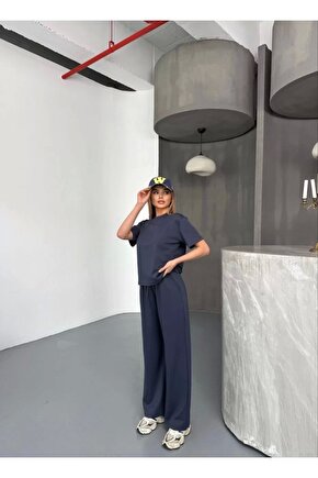 Osy Modal Yumuşak Dokulu Kumaş Kısa Kollu Bluz Rahat Pantalon ikili Takım- Füme