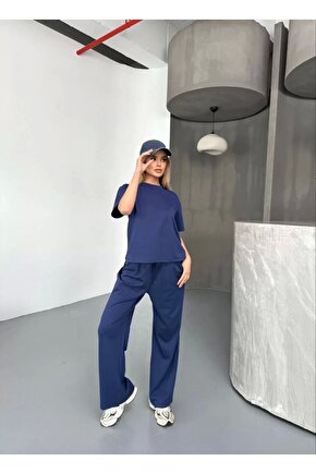 Osy Modal Yumuşak Dokulu Kumaş Kısa Kollu Bluz Rahat Pantalon ikili Takım- Lacivert