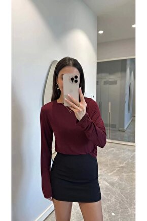 Bisiklet Yaka Uzun Kollu Crop - Bordo