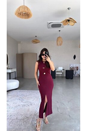 Kadın Bisiklet Yaka Broş Detay Yırtmaçlı Maxi Boy Ottoman Elbise