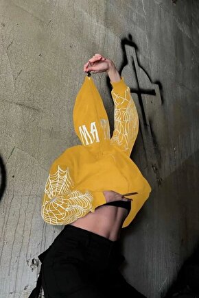 Kadın Iki Iplik Örümcek Baskılı Oversize Hırka - Sarı