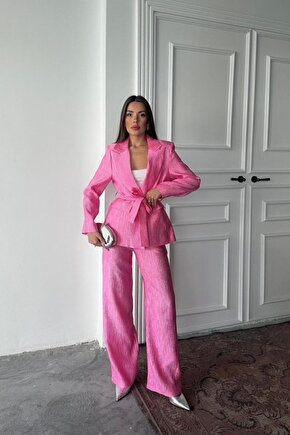 Myterrax Pembe Beli Kuşaklı Ceket Ve Pantolon Parlak Takım
