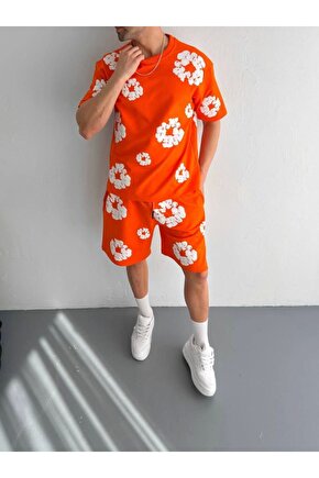 Moda Shop & Butik Iki Iplik Kumaş Baskılı T-shirt Şortlu Takım- Turuncu
