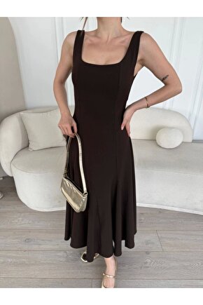 Moda Shop & Butik Sırt Dekolteli Kolsuz Uzun Elbise - Kahverengi