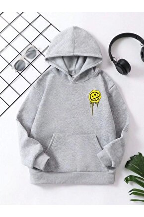 Çocuk Unisex Kapüşonlu Emoji Baskılı Sweatshirt - Gri