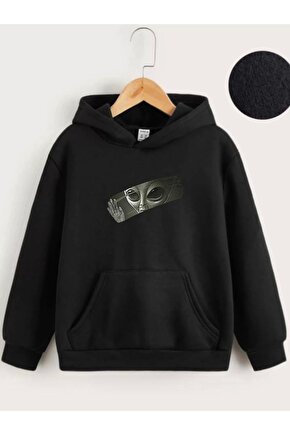 Çocuk Unisex Kapüşonlu Uzaylı Baskılı Sweatshirt - Siyah