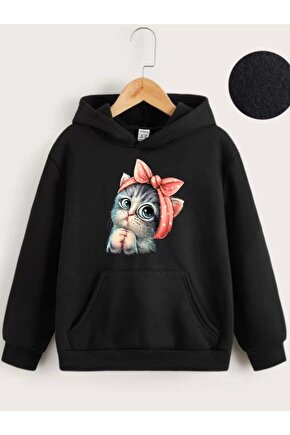 Çocuk Unisex Kapüşonlu Tatlı Kedi Baskılı Sweatshirt - Siyah