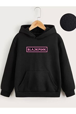 Çocuk Unisex Kapüşonlu Blackpink Baskılı Sweatshirt - Siyah
