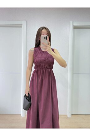 Moda Shop & Butik Kolsuz Göğüs Lastıklı Uzun Elbise - Bordo
