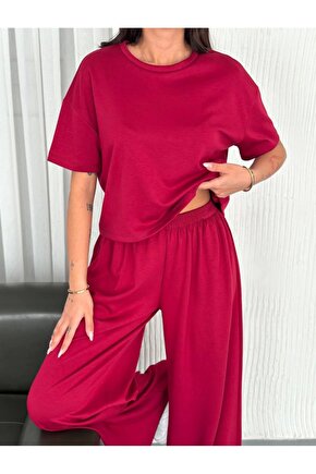 Modavera Osy Modal Yumuşak Dokulu Kumaş Bisiklet Yaka T-shirt Bol Paça Pantalon Ikili Takım -bordo