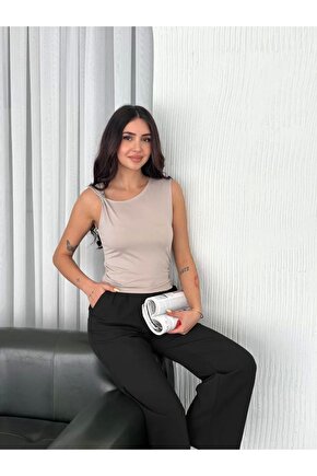 Osy Modal Yumuşak Dokulu Kumaş Bisiklet Yaka Kadın Sıfır Kol Bluz Omuz Toka Aksesuar Detaylı - Bej