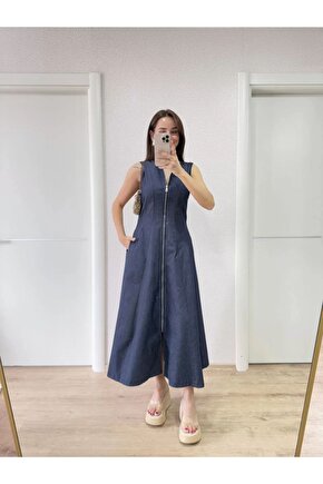 Jeans Kot Önü Tam Fermuarlı Kadın Uzun Elbise - Mavi