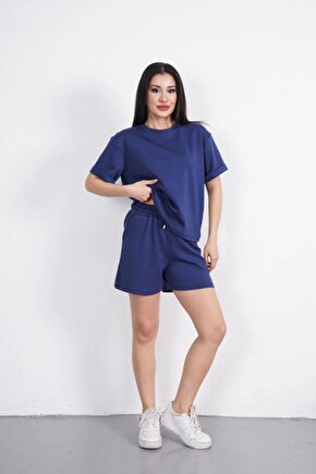 Moda Shop & Butik Osy Modal Yumuşak Dokulu Kumaş Bisiklet Yaka T-shirt Kısa Şort Ikili Takım - Mavi