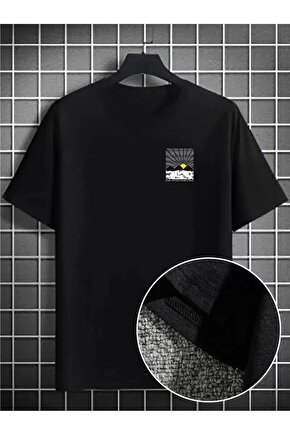 Erkek Dağ Grafikli Tişört, Yaz için Büyük Beden Rahat T-shirt - Siyah