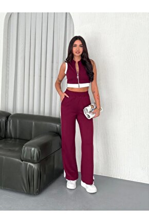 Moda Shop & Butik Osy Modal Yumuşak Dokulu Kumaş Tam Fermuarlı Crop Pantalon Ikili Takım - Bordo