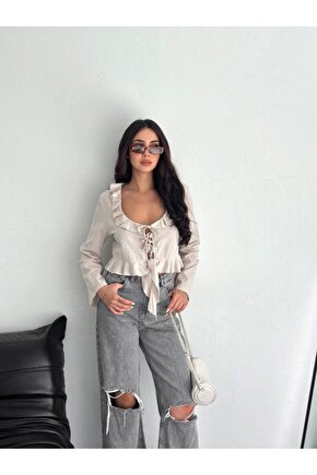 Moda Shop & Butik Keten Uzun Kol Bağacık Detaylı Bluz - Bej